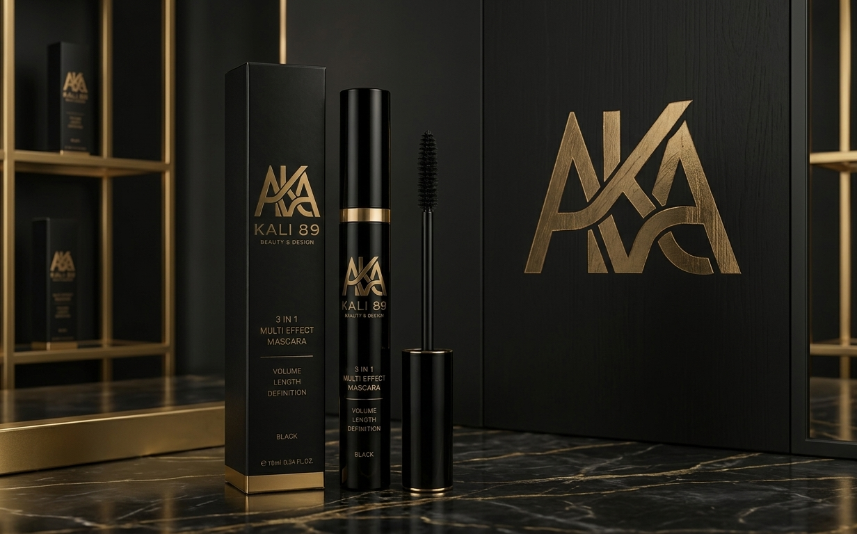 A black and gold cosmetic product set displayed on a dark marble surface, featuring a tall rectangular box, a slim cylindrical tube, the wand, and a large matching logo plaque on a black backdrop with gold shelving.